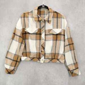 Brown Crop Flannel Plaid Shacket Jacket Button Up Long Sleeve Western Utility XL